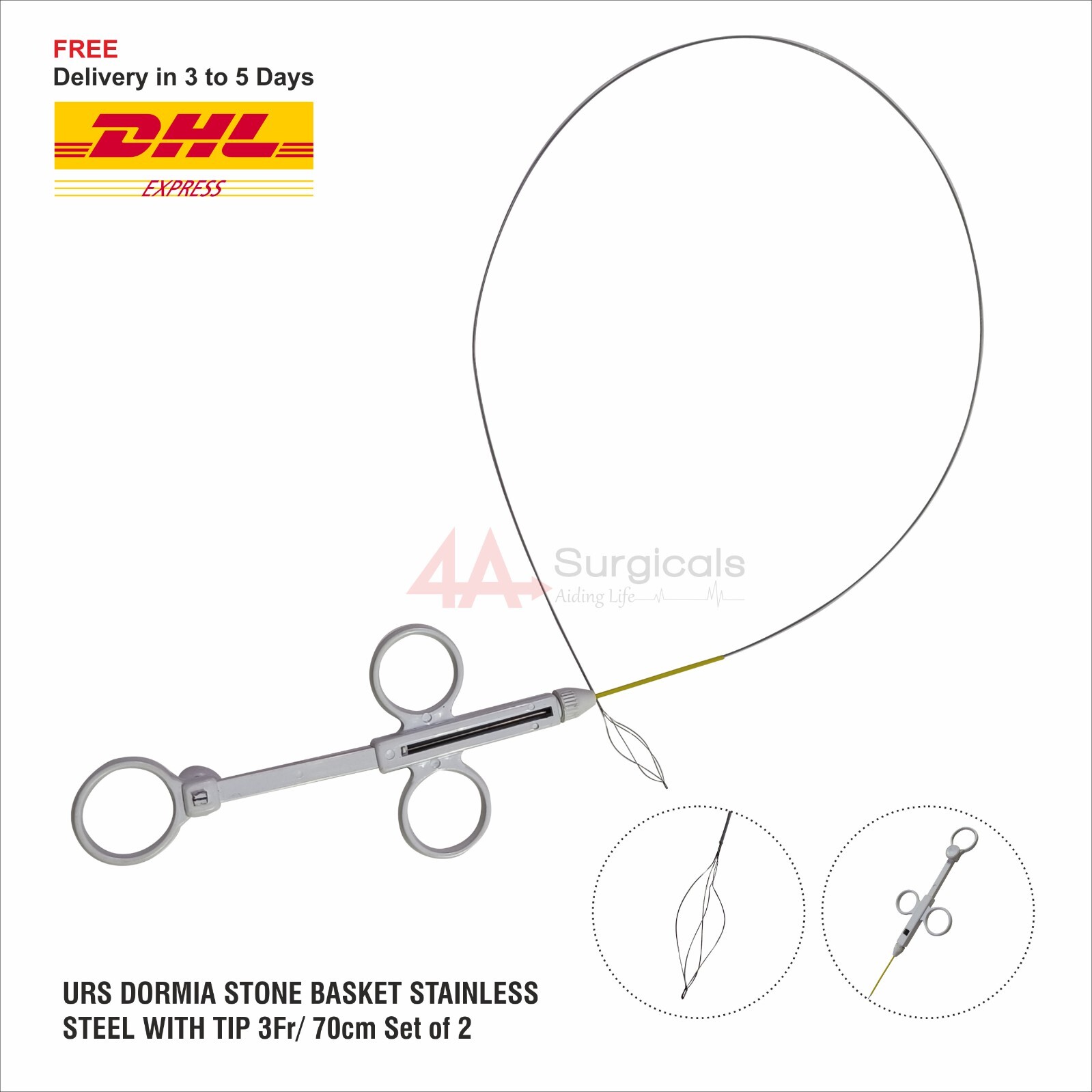 4A URS DORMIA STONE BASKET  STAINLESS STEEL WITH TIP 3Fr/ 70cm Set of 2