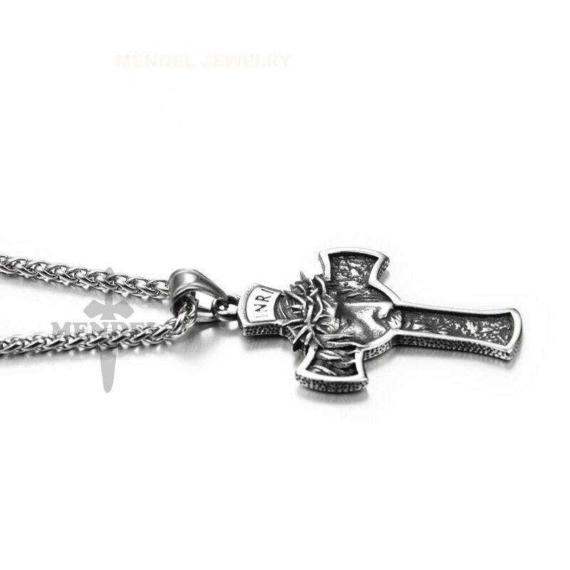 MENDEL Mens Stainless Steel Jesus Christ Face Crucifix Cross Pendant Necklace