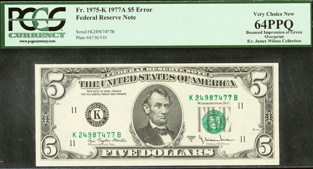 1977A $5 Federal Reserve Note PCGS 64PPQ - Bounced Impression Overprint - Error