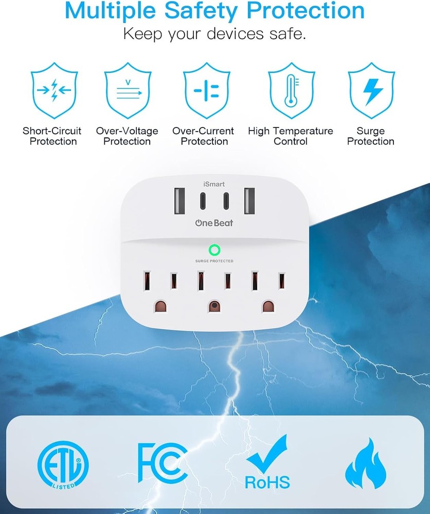 2 Pack Multi Plug Outlet Splitter with USB, Surge Protector, 490 J