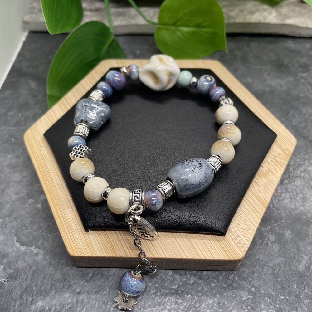 Handmade Ceramic Bead Beaded Stackable 7” Plus Stretch Bracelet New B411