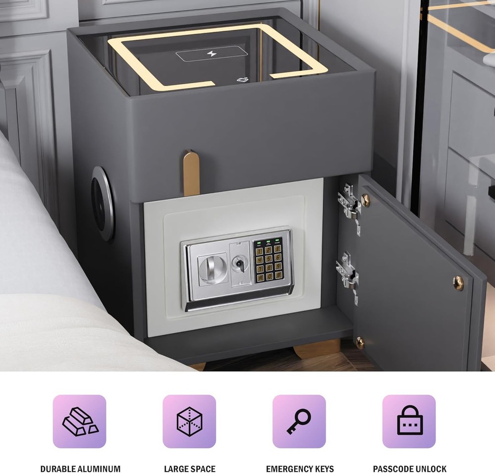 Smart Nightstand with Drawers and Safe,Wireless Charging Bluetooth Bedside Table