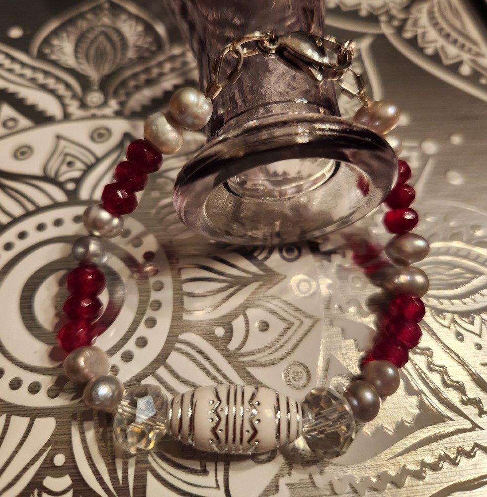 Handmade Artisan Ruby Red Gemstone Pearl Glass Bracelet. #127