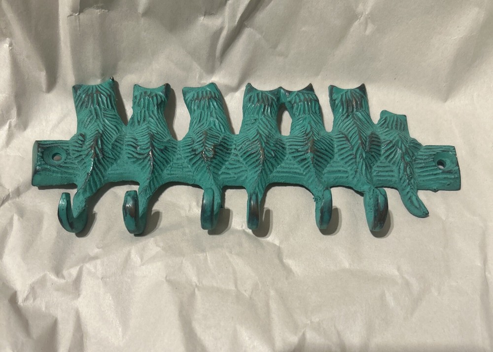 VERDIGRIS Cat Key RING Holder 6 Hooks (NEW In Box) Solid BRASS India