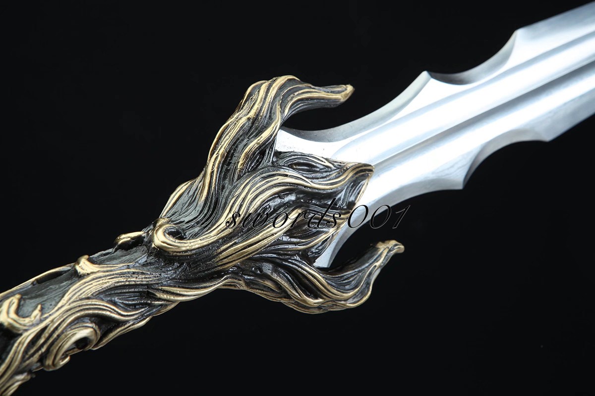 Handmade Exquisite Brass Handle Short Sword Damascus Steel Blade Leather Sheath