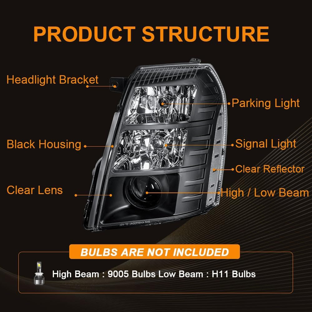 Headlight Assembly, Headlights Kit Compatible with 2007-2014 Cadillac Escalade/2