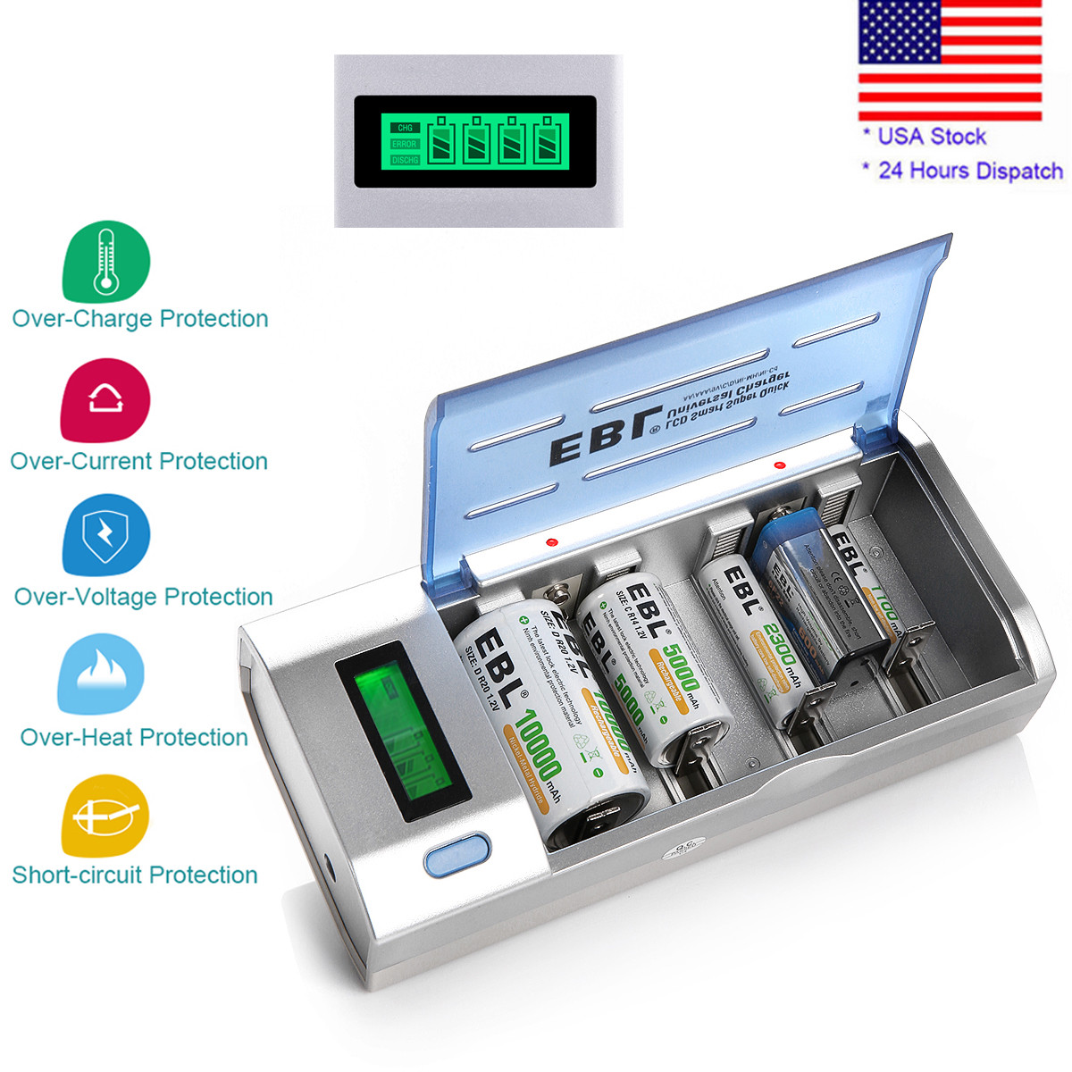 LCD Smart Battery Charger For AAA AA C D 9V Ni-MH Ni-CD Rechargeable Batteries