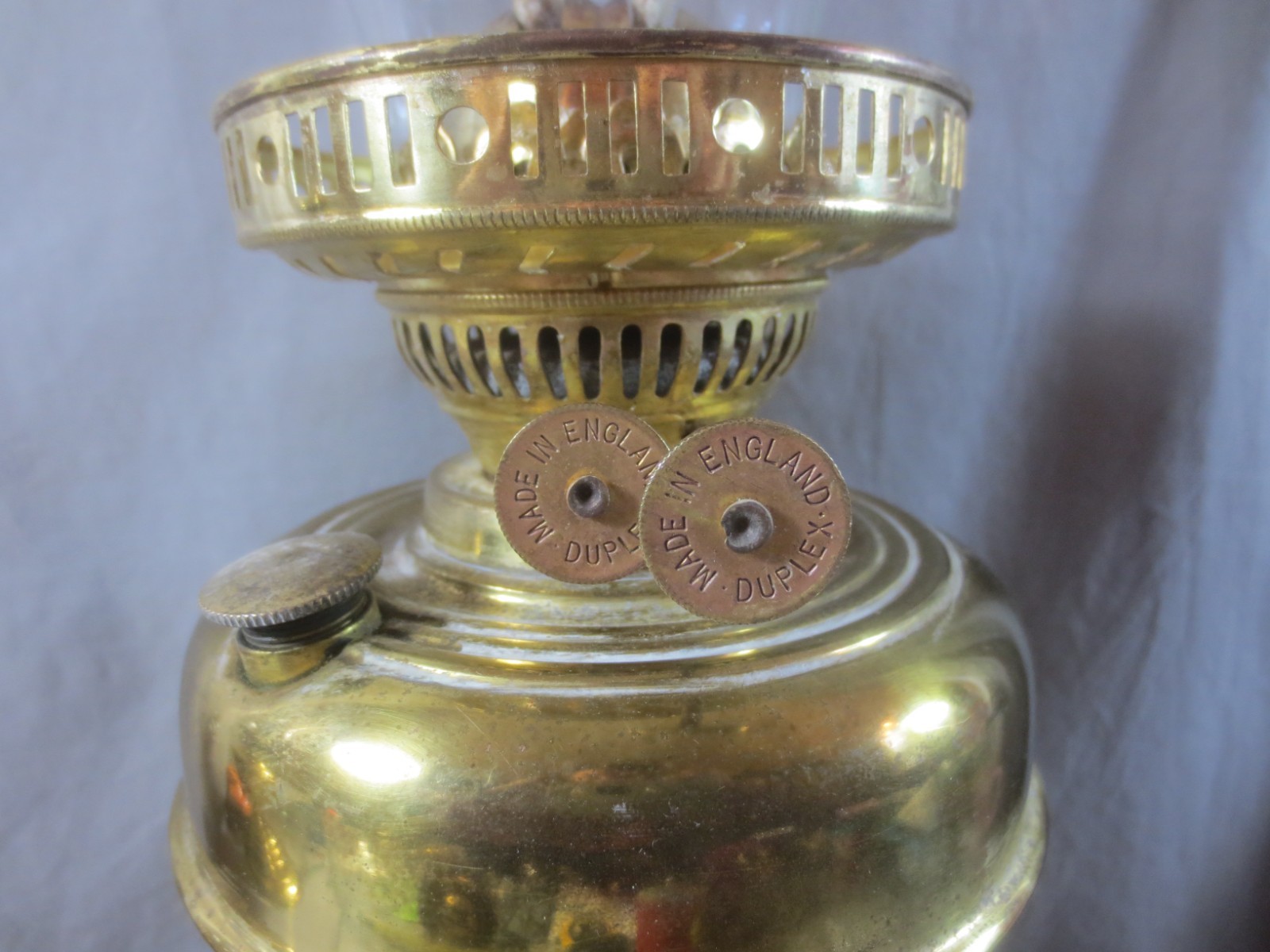 Vintage Made In England Brass Duplex Oil Lamp And Chimney Shepards Hut Lamp