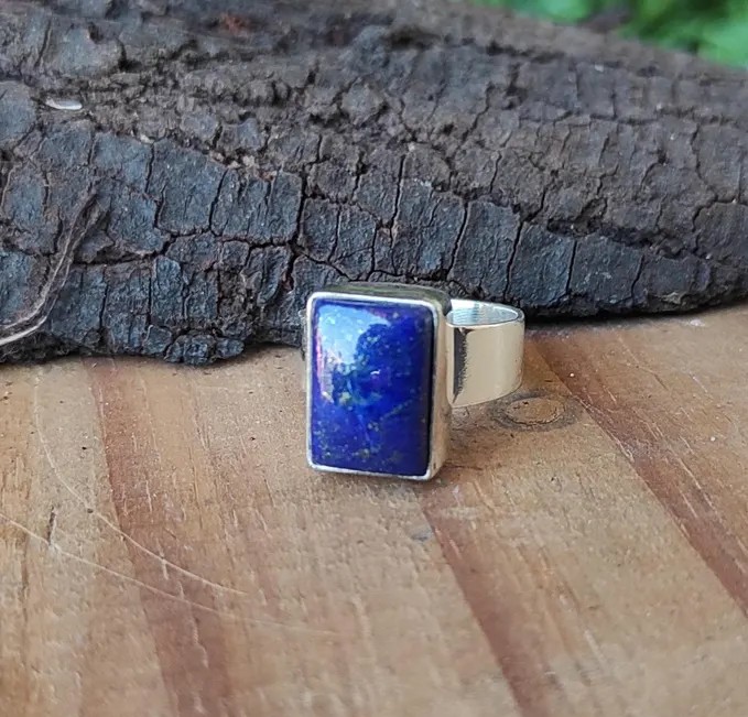 Solid 925 Sterling Silver Natural Lapis Lazuli Rectangle Gemstone Wide Band Ring