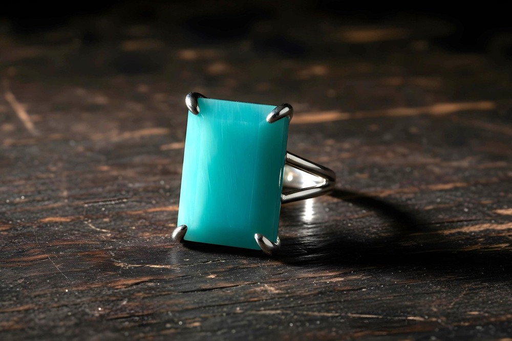 Amazonite Ring 14k Gold Rectangle Cut Sky Blue Semiprecious Statement