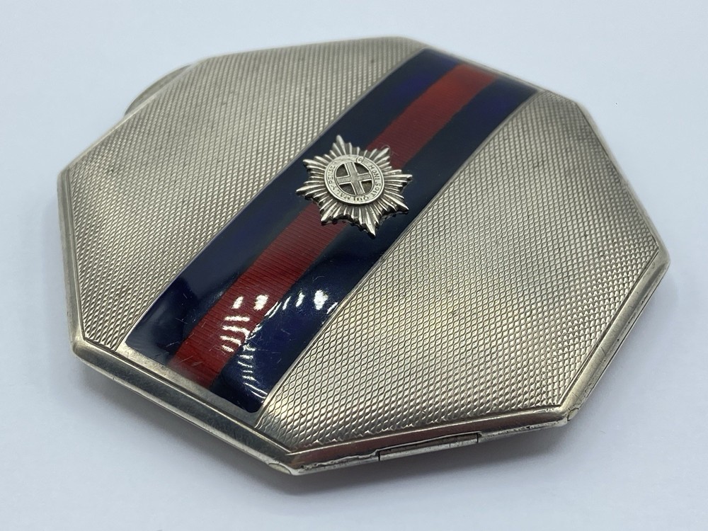 WW2 Silver Hallmarked & Guilloché Enamel Coldstream Guards Sweetheart Compact