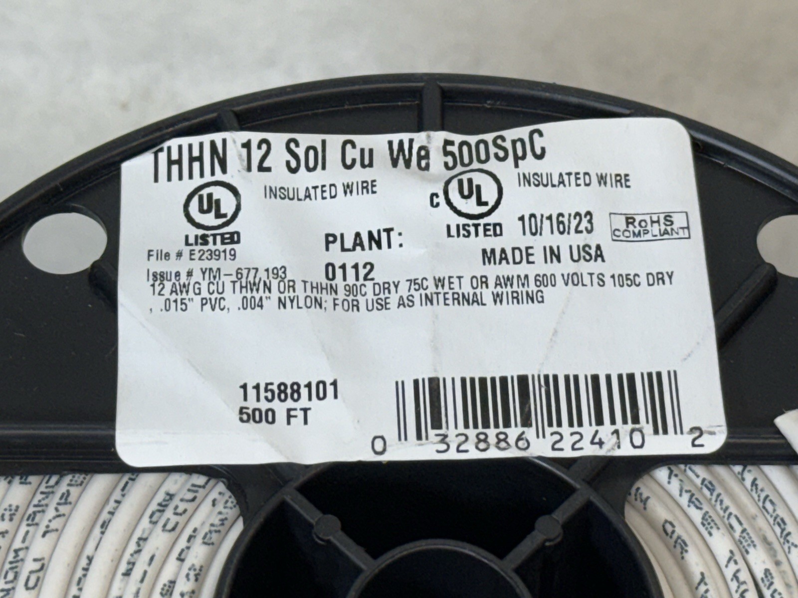 NEW Southwire 11588101 THHN Building Wire Solid Cu, 12 AWG, White, 500 ft.