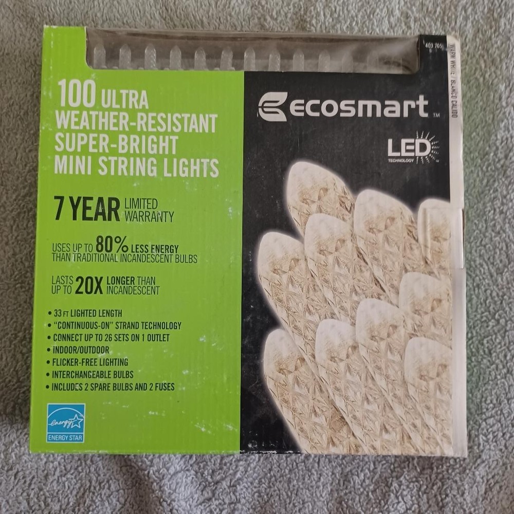 Ecosmart 100 Count 33Ft Weather Resistant Super Bright White Mini String Lights
