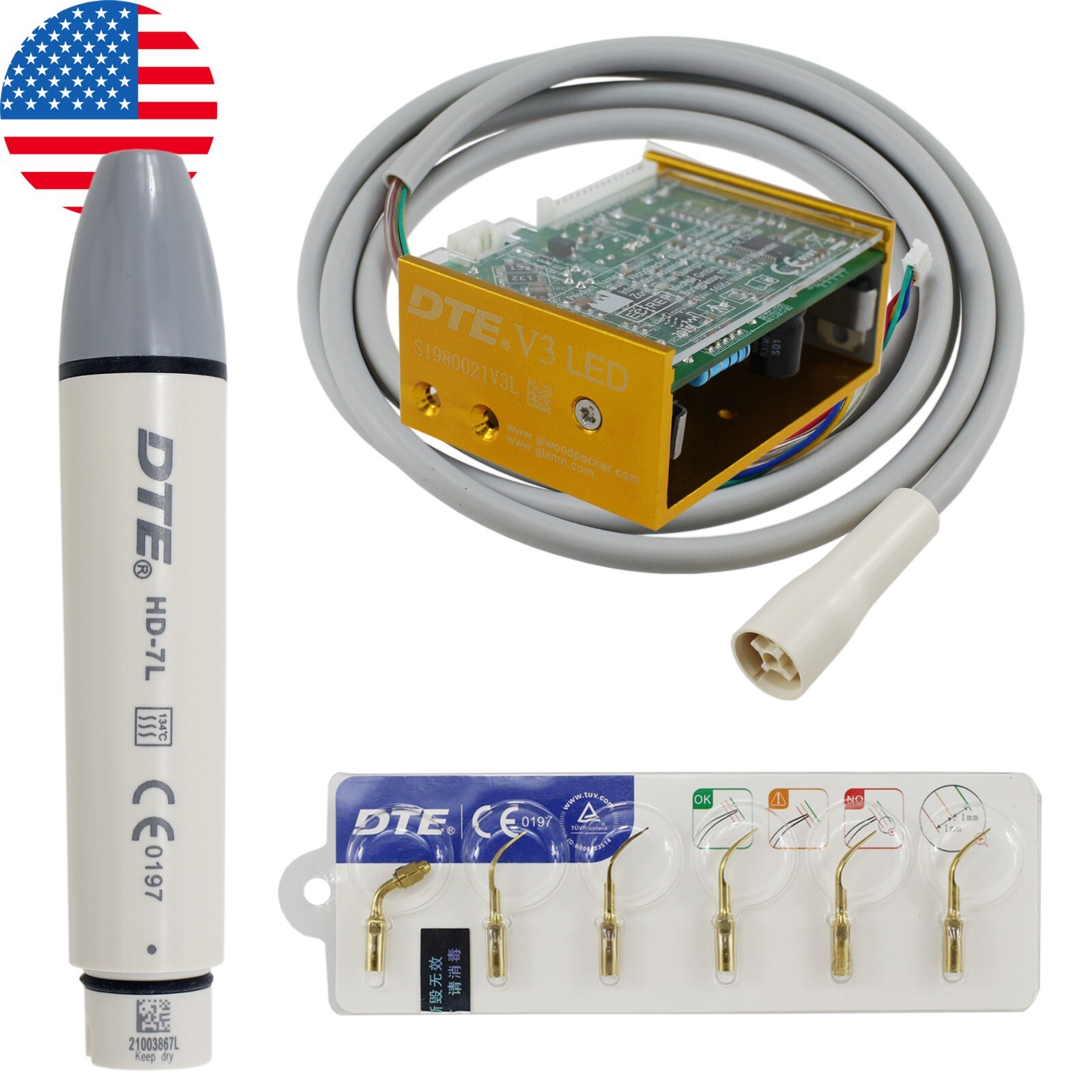Woodpecker DTE Dental Ultrasonic Scaler Piezo Tips DTE-V2 V3 LED Handpiece HD-7L