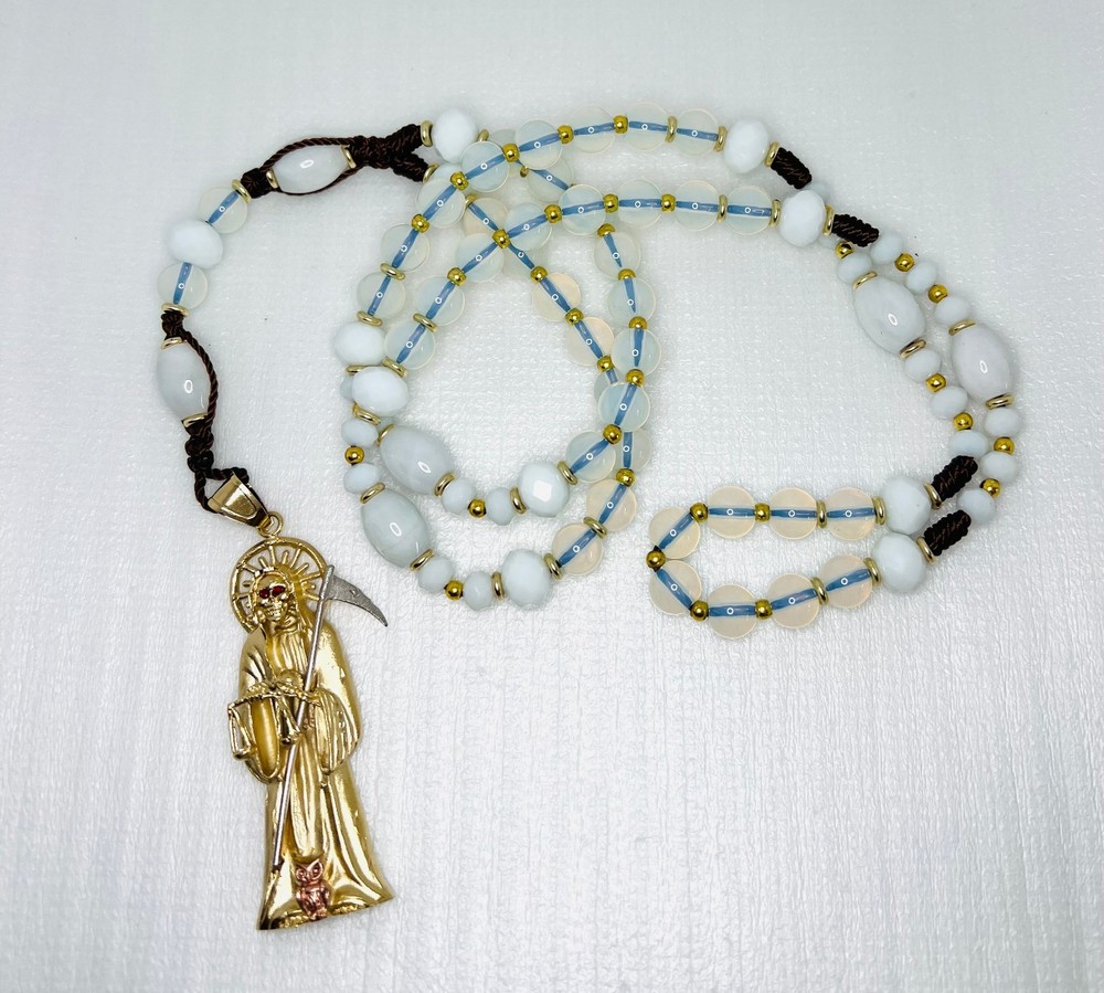 Santa Muerta Holy Death Grim Reaper white Rosary gemstone Opal and peal handmade