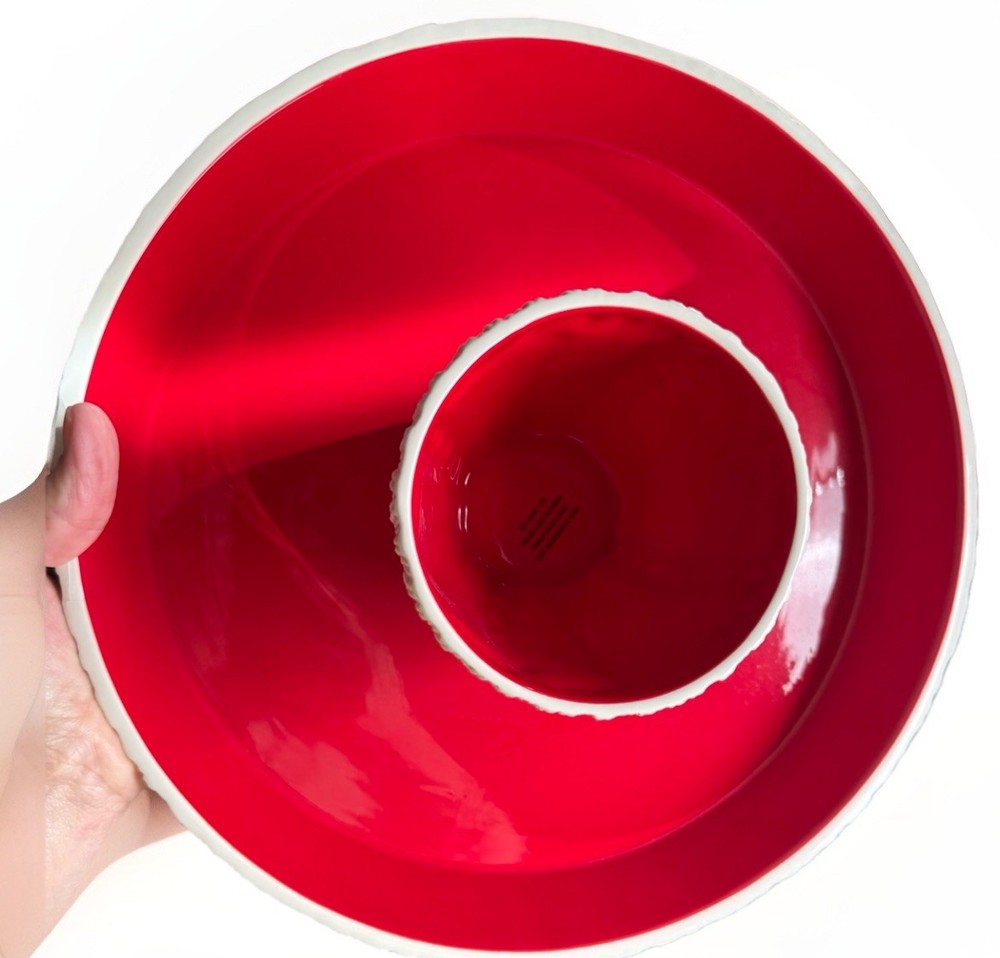 12” Hallmark serving tray w-attached sweater bowl in Center for dip/ Red & White