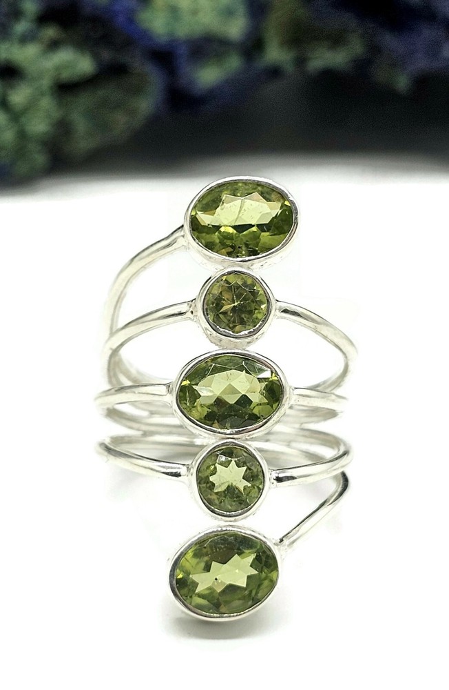 Five Stone Peridot Ring, Size 8.5, Sterling Silver, August Birthstone, Statement