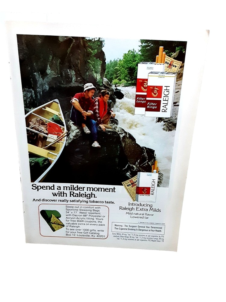 1974 Raleigh Cigarettes Men With Canoe Original Print Ad 70s
