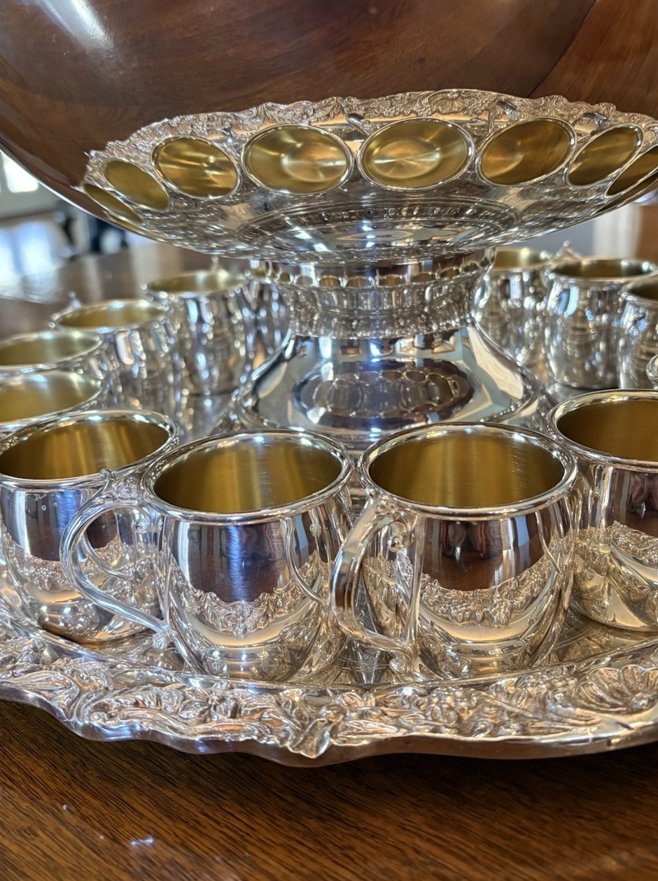 Towel Silverplate Punchbowl, Tray, Ladle, Punch Cups
