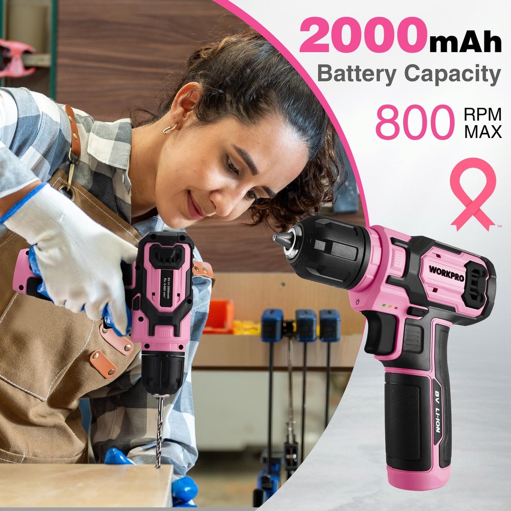 WORKPRO Pink Cordless Drill Set, 8V Impact Driver with 53PCS,