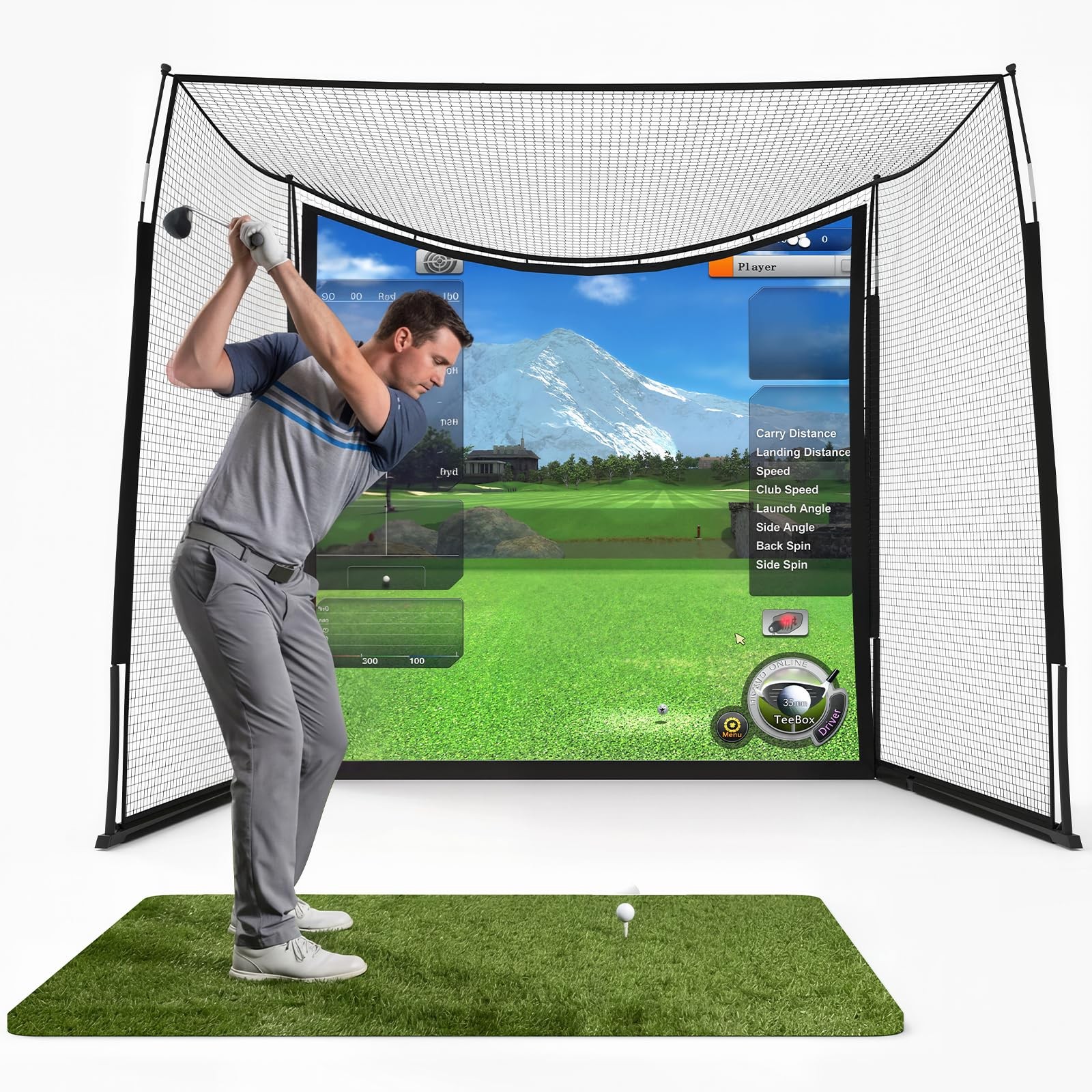 GRAVEE 10x8ft Golf Hitting Net with Blank Simulator Screen Fiberglass Steel Base