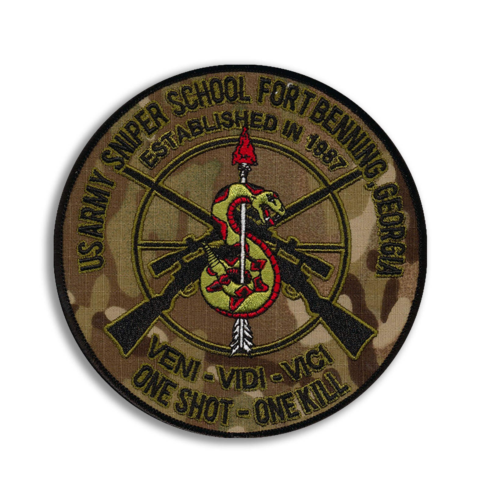 US Army Sniper School MULTICAM embroidered patch 5" diameter, with a Wax backing