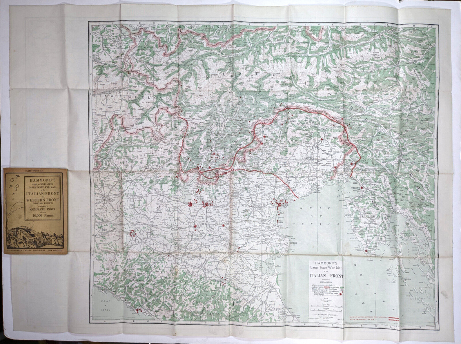 1918 Hammonds Large Scale War Map Western And Italian Front Cloth Version WWI