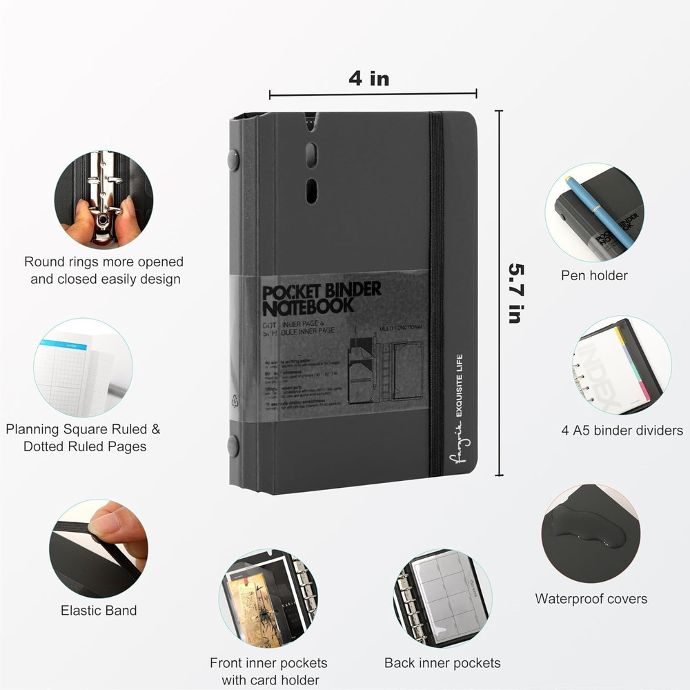 A7 Binder 6 Ring Notebook with Dividers Refillable Planner Binder with Pockets,