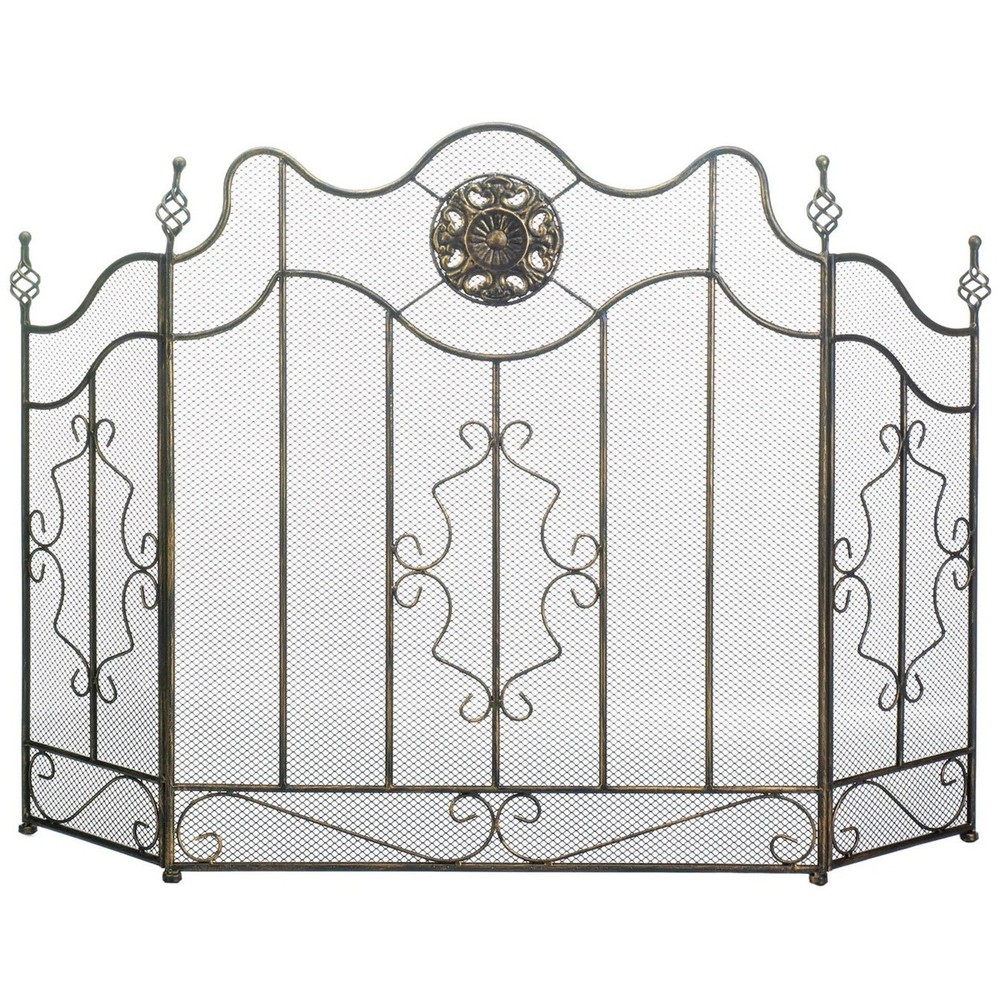 Victorian Black Fireplace Foldable Iron Screen 3 Panel Spark Ember Guard 32" H