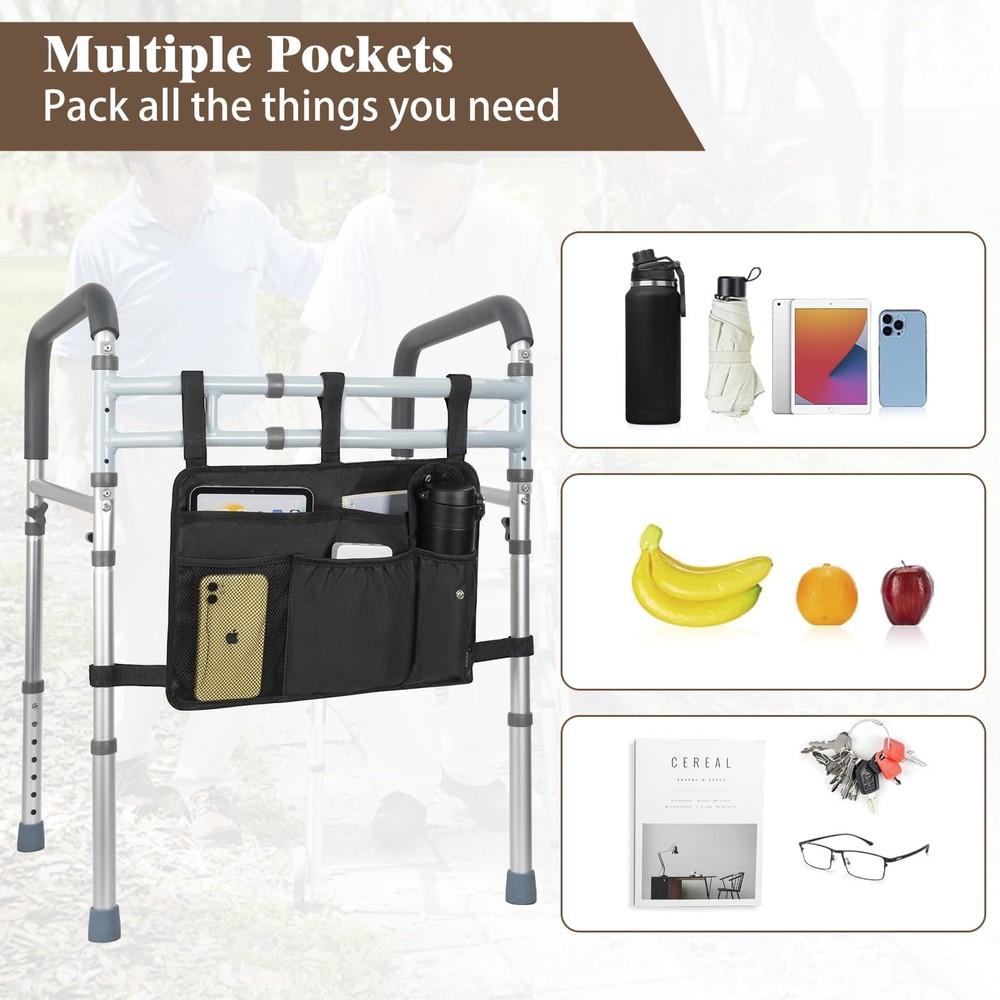 Walker Bag Multiple Pockets Basket for Folding with Cup Black