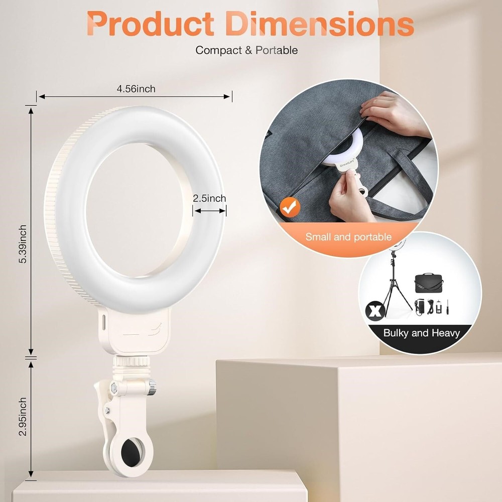 Video Conference Lighting Kit 600mAh Rechargeable, 4.5'' Computer Ring Light