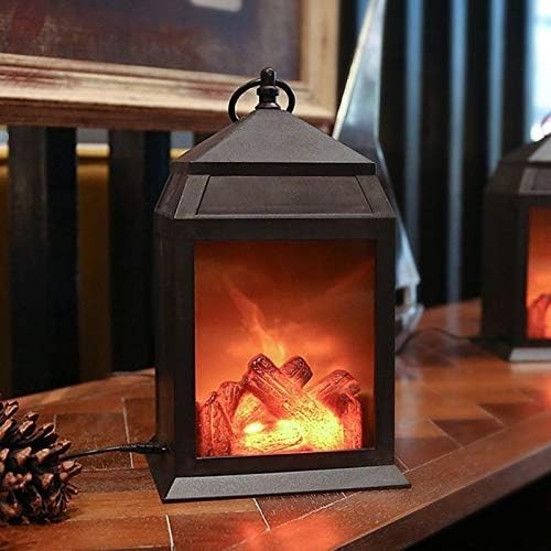 Black Tabletop Fireplace Lantern, Realistic Flame, Timer, USB/Battery, Indoor...