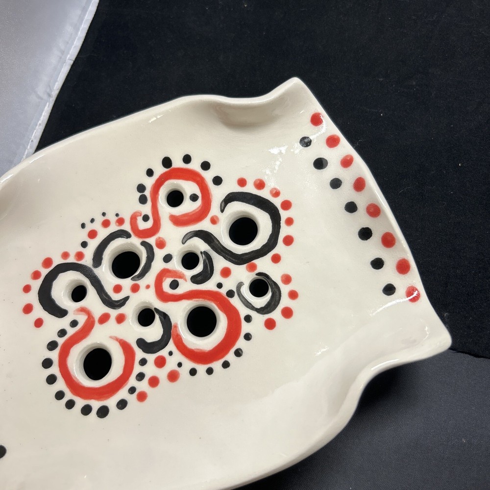 Nancy Bishop Pottery Footed Soapdish Strainer Red and Black