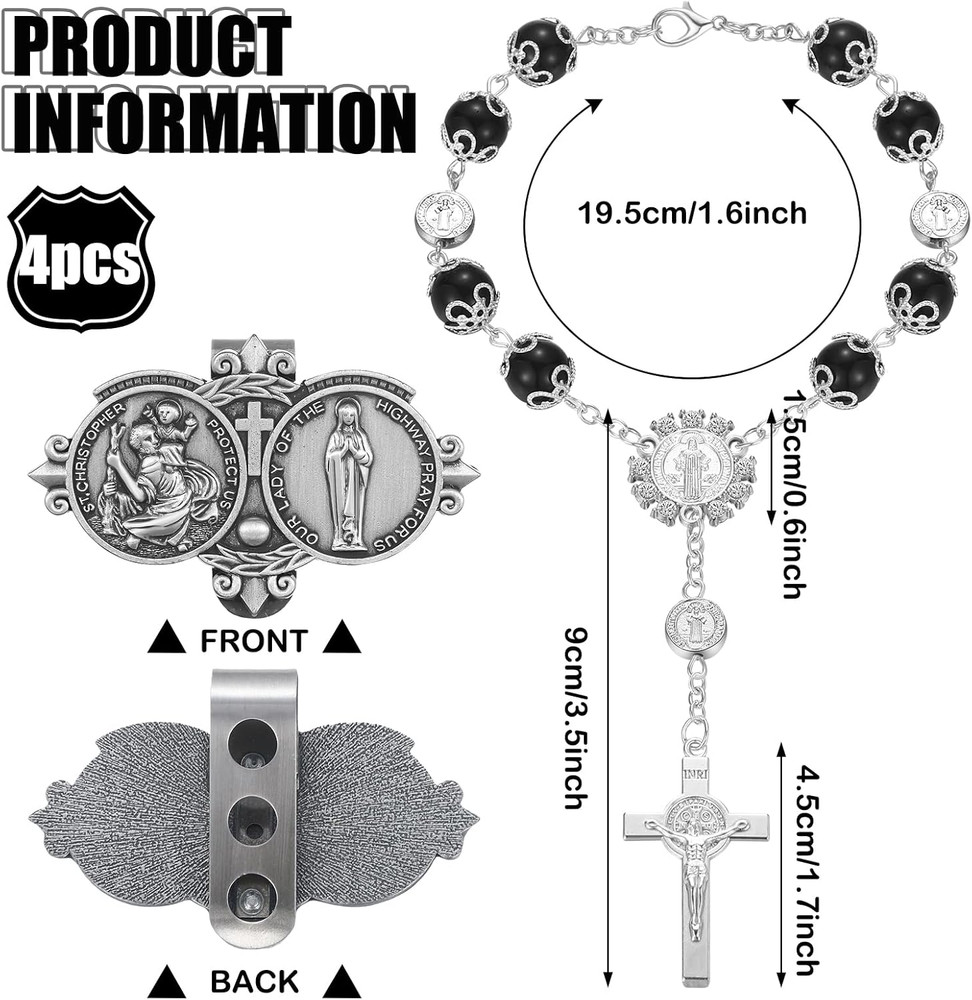 4 Pcs Saint Benedict Car Decor 2 Pcs Black Rearview Mirror Auto Rosary Hanging 2