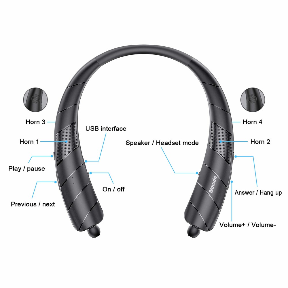 Bluetooth Neckband Wireless Earbuds Speaker Headset Stereo Earphones Retractable