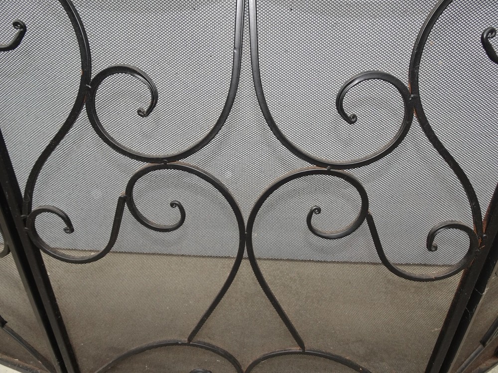 Vintage Tri-Fold Three Panel Black Metal Fireplace Screen