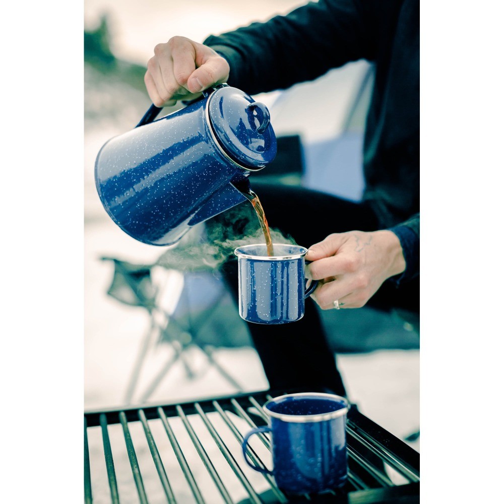 Enamel Percolator Coffee Pot & 4 Mug Set - Blue