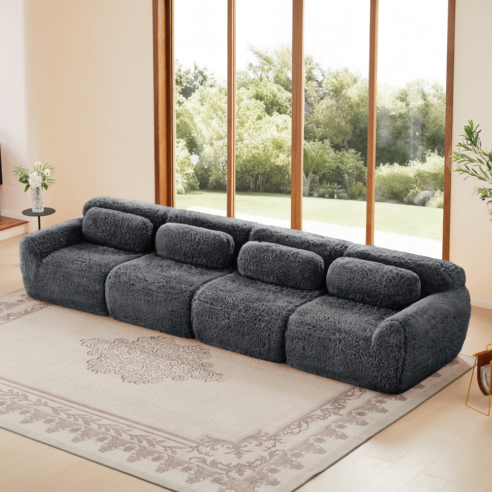 149'' Modular Plush Sofa w/Non-slip Base, Dark Grey, 32D Sponge