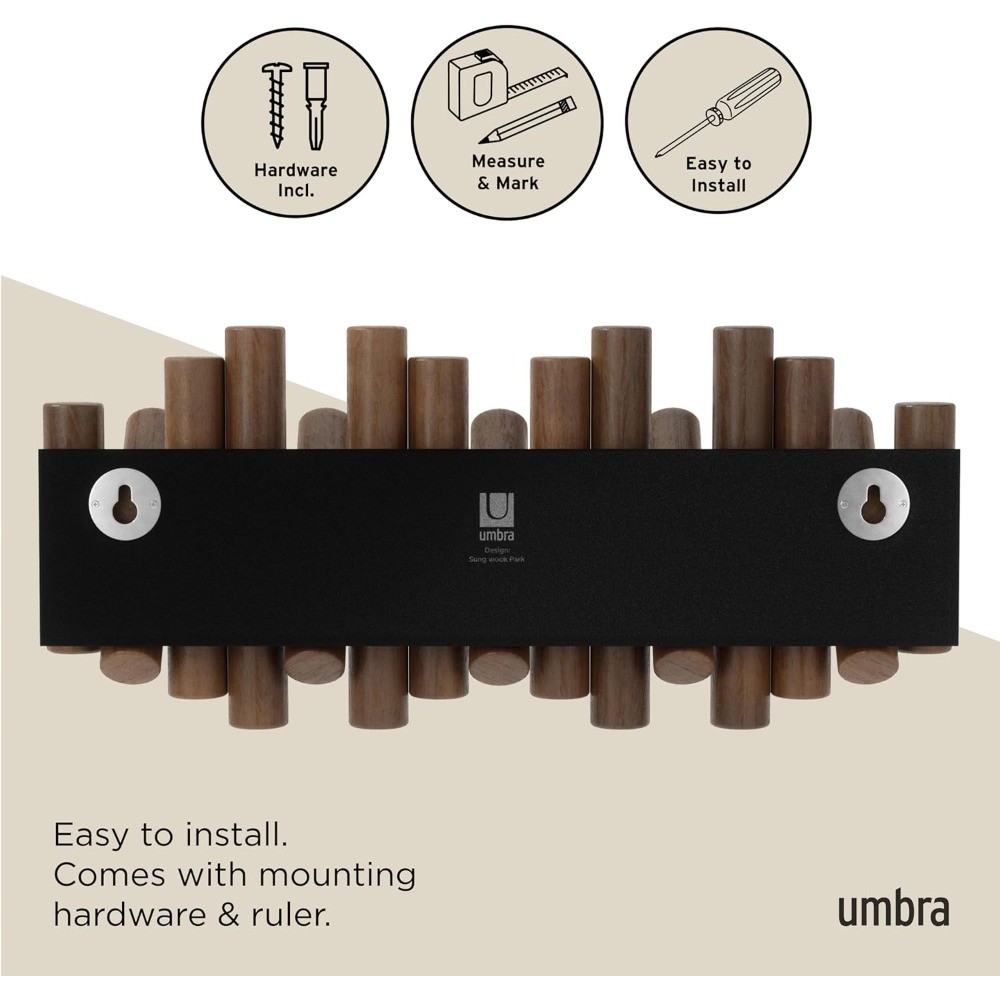 Modern Wall-Mounted Coat Rack, 5 Retractable Pegs, Walnut