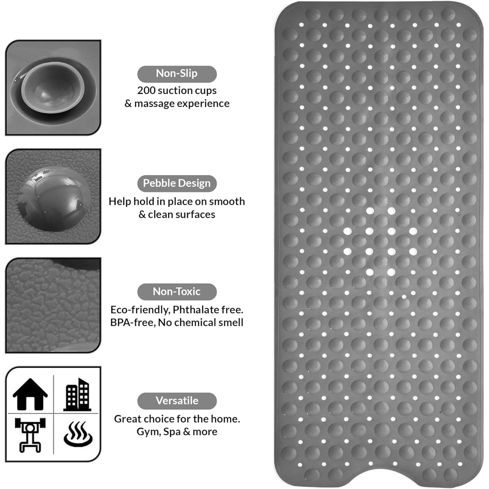 Non-Slip Bath Tub Mat (40 X 16)Inch Extra Long Antibacterial Bathroom Shower Mat