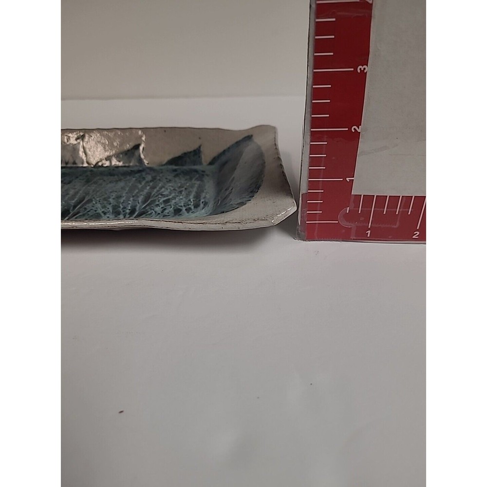 Decorative Handmade Tray Rectangle Grey Blue Leaf Design Abstract Ceramic 12 in