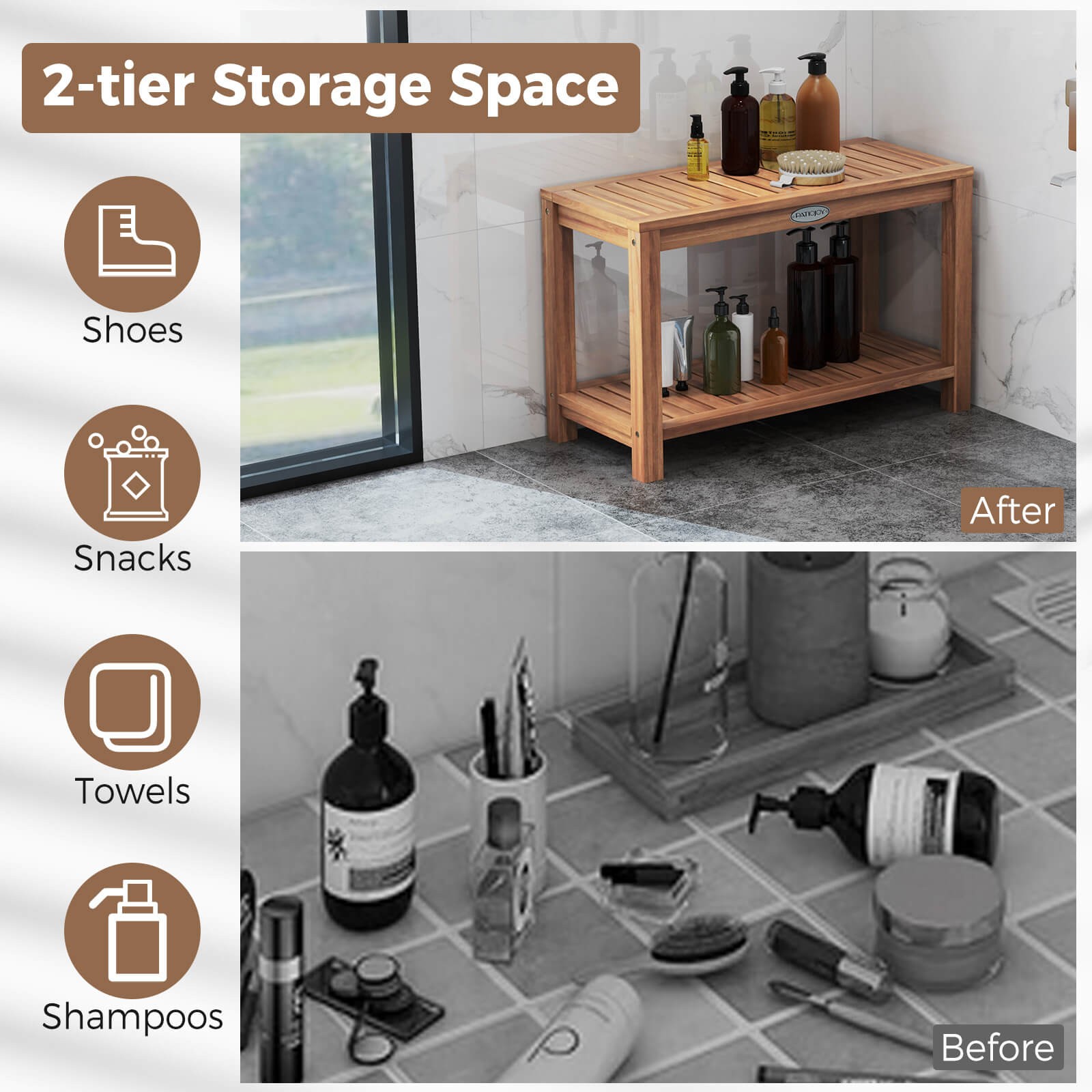 30 Inch Teak Wood Shower Bench Inside Shower Stool with Storage Shelf for Adults