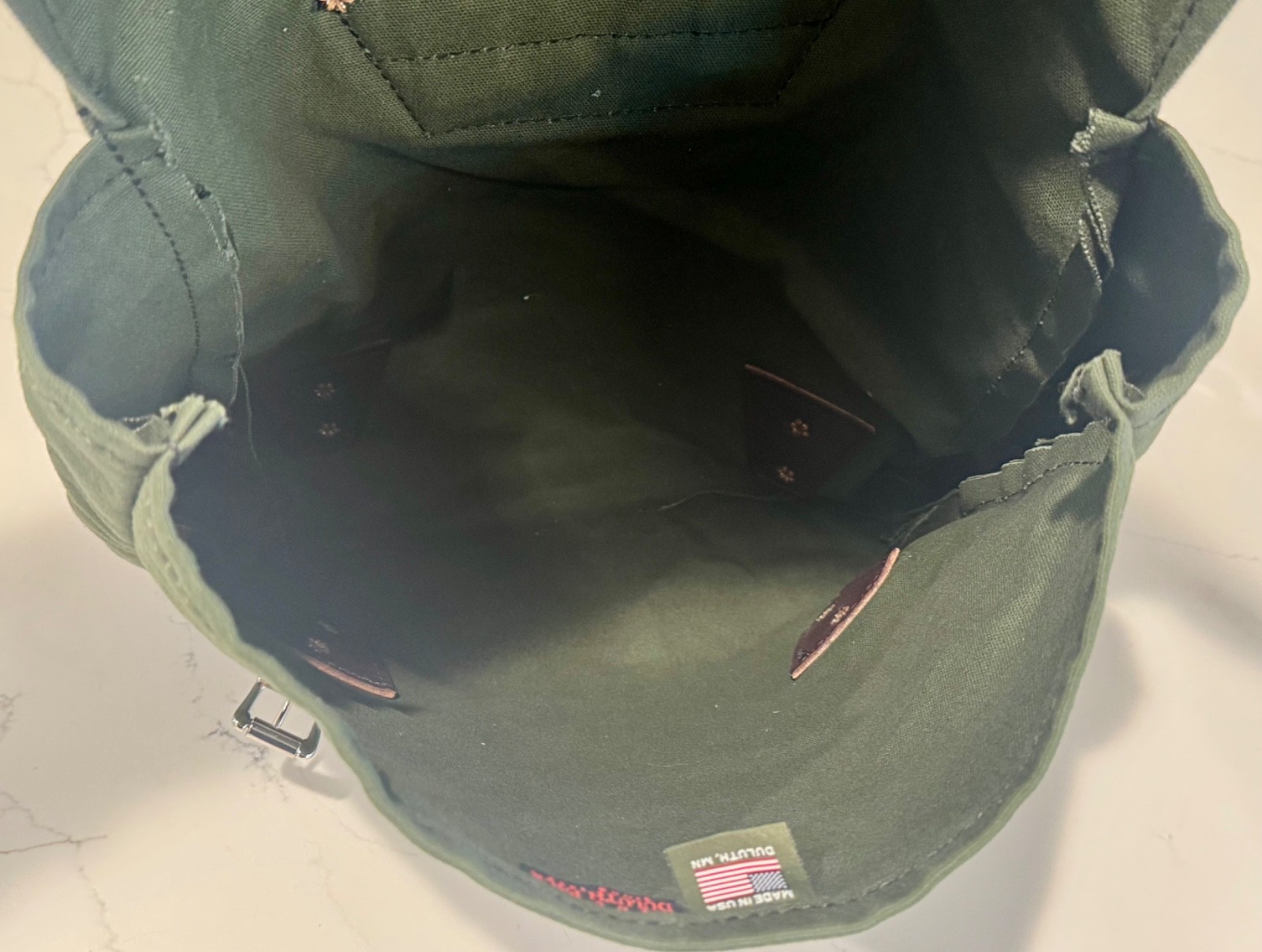 DULUTH PACK JUNIPER GREEN CANVAS & BROWN LEATHER SCOUT BACKPACK 16"X14" LOGO