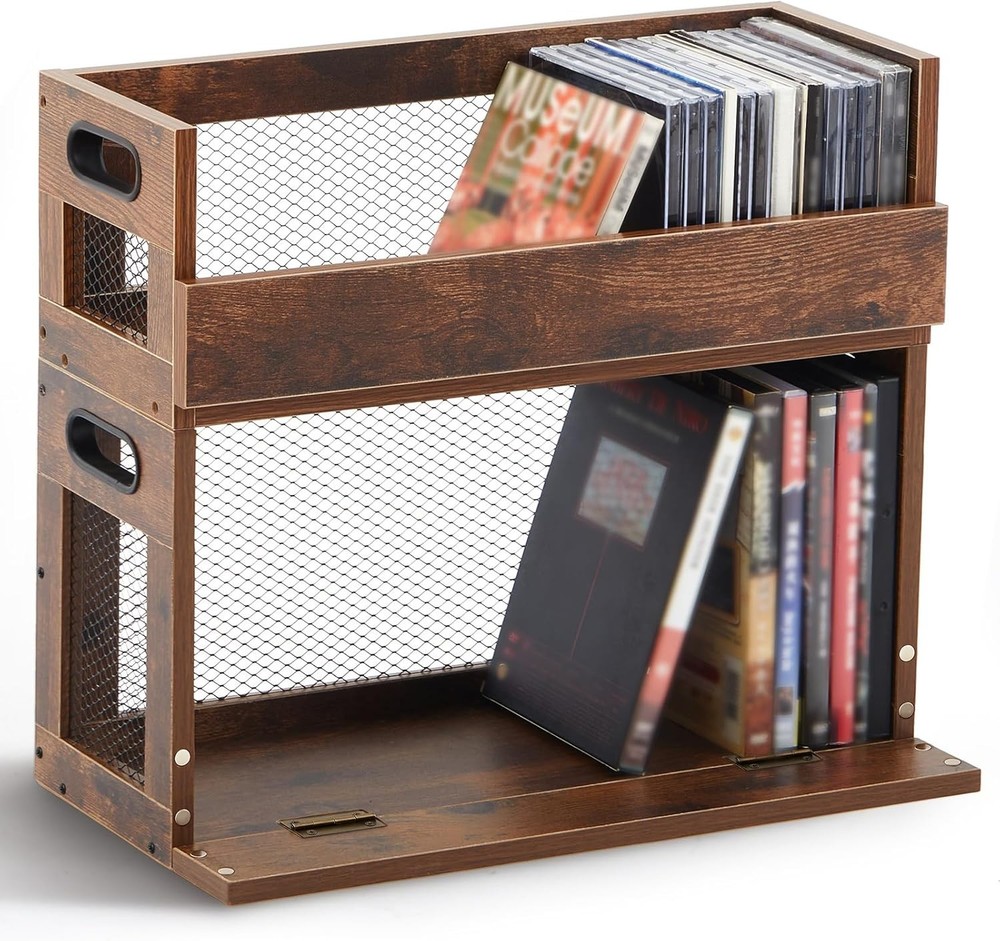 2 Set Metal & Wooden Stackable Tabletop Storage Shelf DVD & CD Storage Box