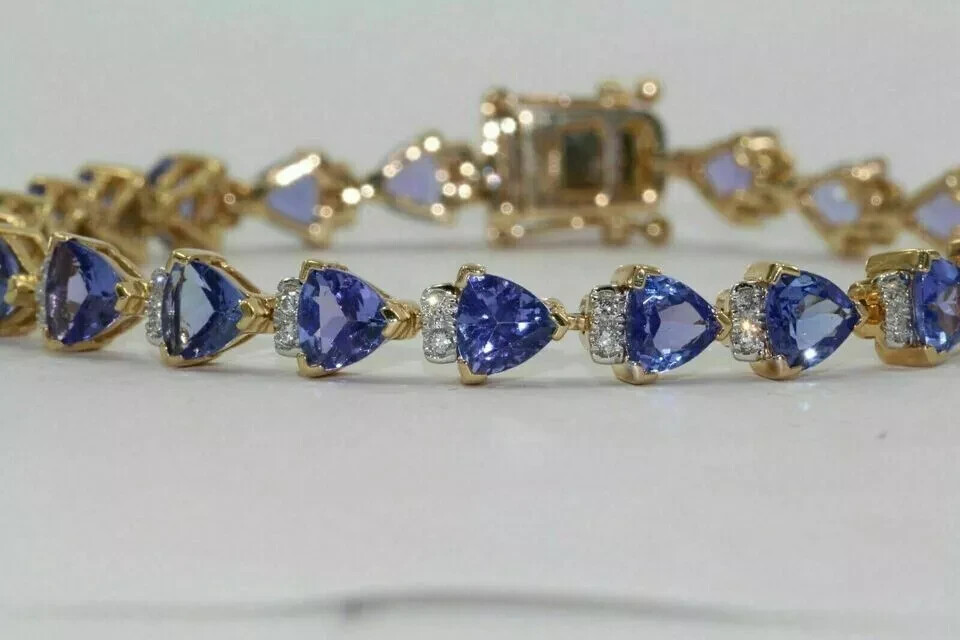 Trillion 7ct Lab Created Tanzanite Pretty Tennis Bracelet 14k Yellow Gold Plated