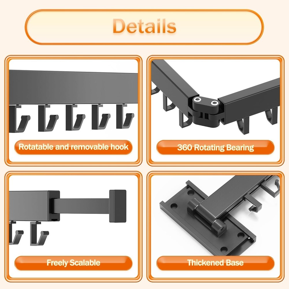 Wall Mounted Folding Clothes Drying Rack with Retractable Hooks - Modern Design