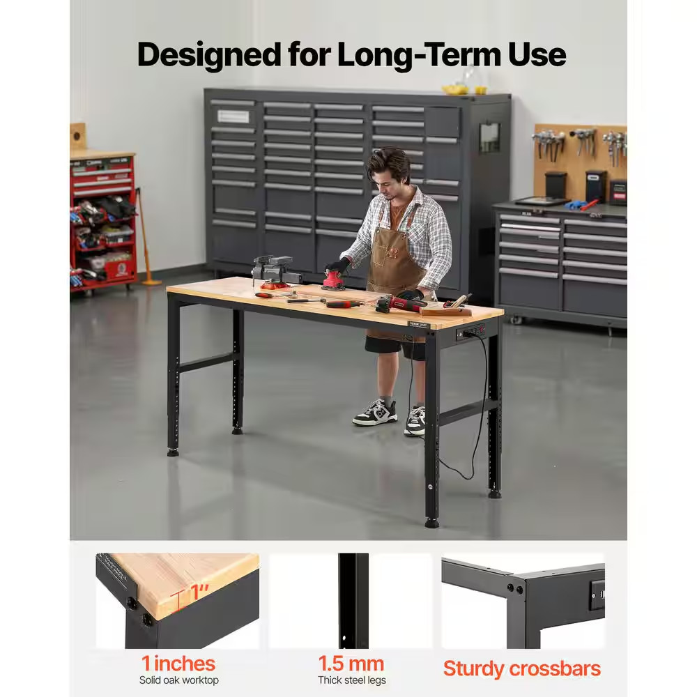 Adjustable Workbench, 2000 Lbs., 61 In. X 20 In., Height Adjustable 27.1-36 In.,