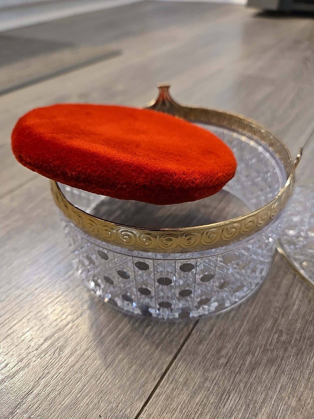 Vintage Avon Powder Box Hollywood Regency Cut Crystal Plastic w Red Puff Vanity