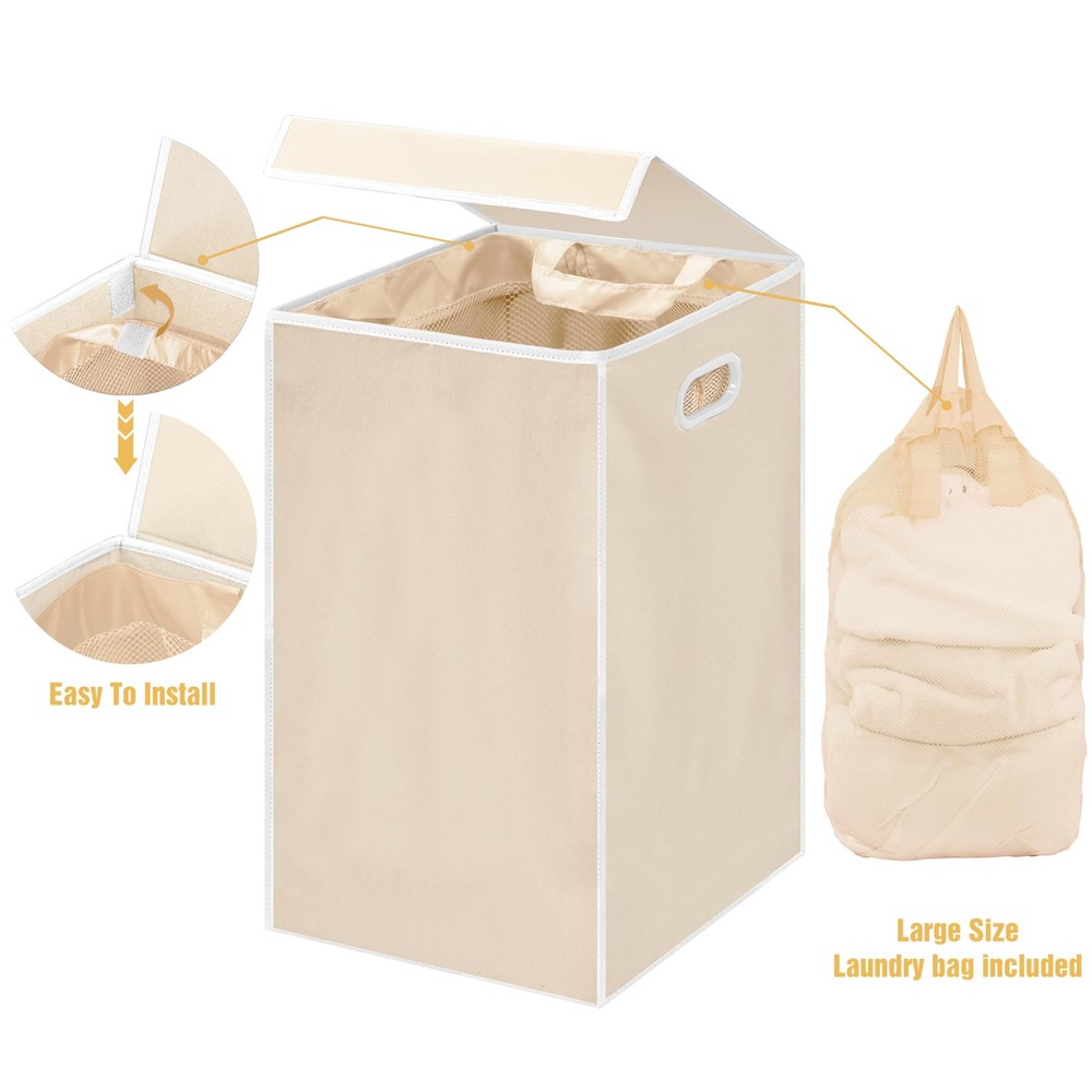 Foldable Laundry Hamper Basket with Lid, Beige
