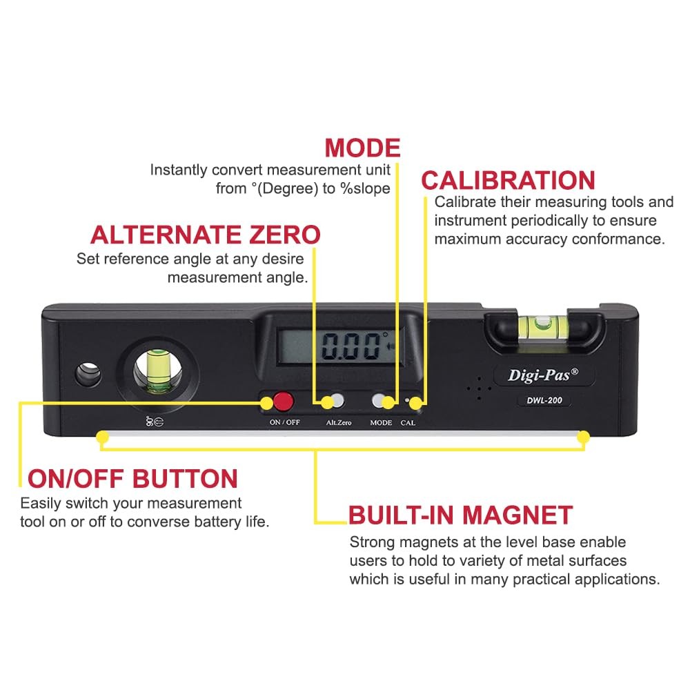 Digi-Pas DWL200 Electronic Torpedo Level, Protractor, Angle Gauge, Angle Find...